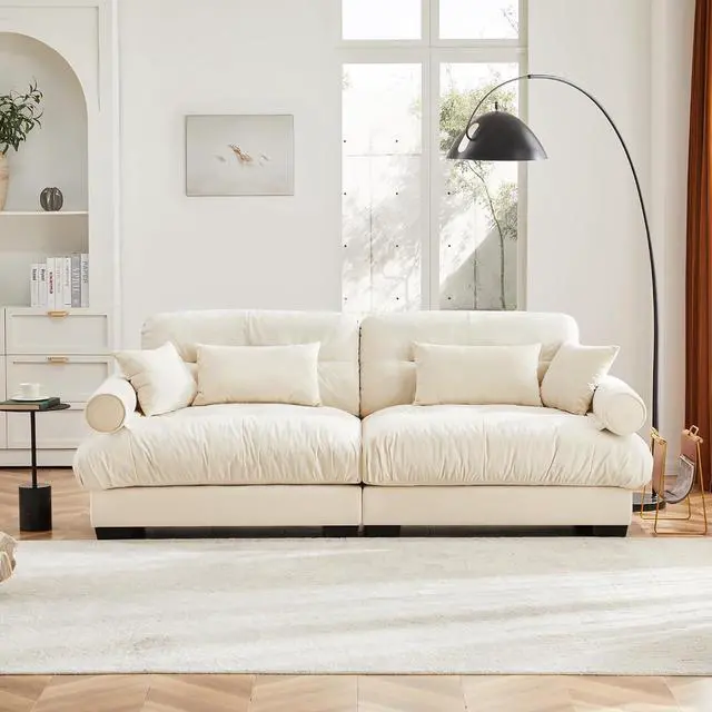 Alt view image 3 of 6 - 93.7" Oversized Loveseat Sofa, Modern Velvet 2-Seat Couch with Waist & Throw Pillows, Upholstered Deep Seat Cloud Couch for Living Room, Bedroom & Small Spaces (Cream,2 Seater)