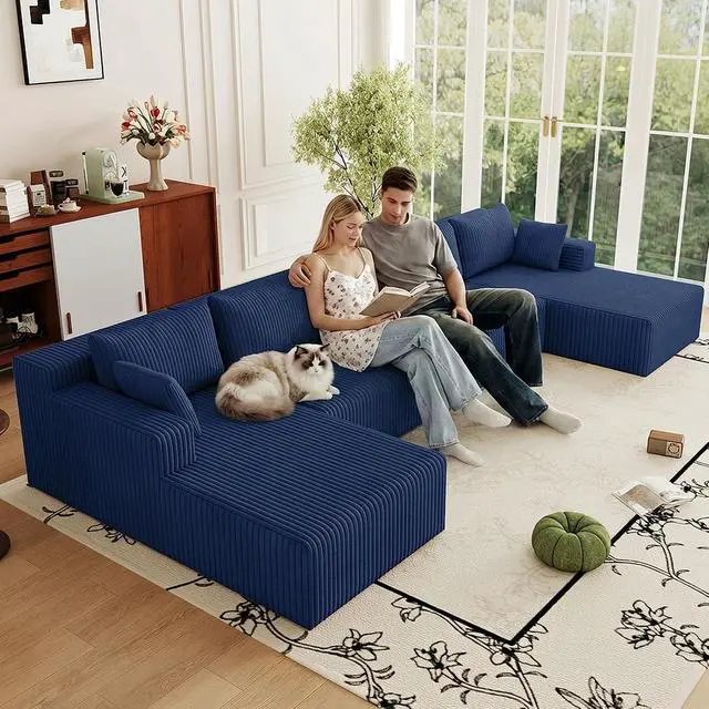 Alt view image 5 of 7 - 160" W Modular Sectional Sofa,Modern U-Shaped Cloud Couch with Deep Seat,Comfy Corduroy 5-Seater Sofa for Living Room,No Assembly (Blue)