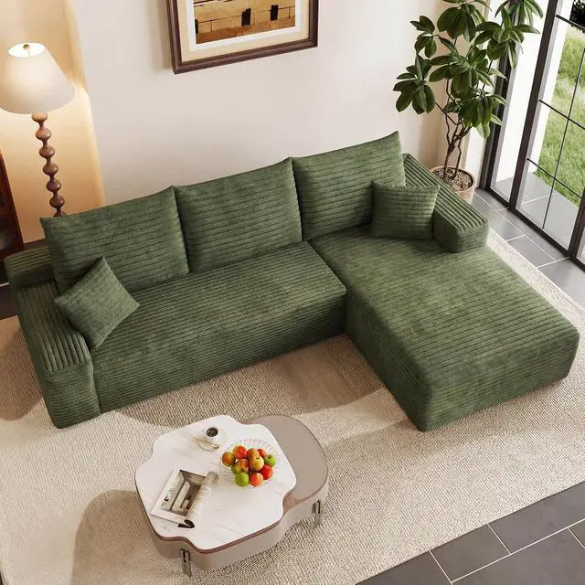 Alt view image 6 of 7 - 95" Cloud Sectional Couch with L-Shape Chaise, Modern Corduroy Boneless Couch for Living Room,Memory Foam Sofa with Deep Seat,No Assembly Required (Green,Right-Facing Chaise)