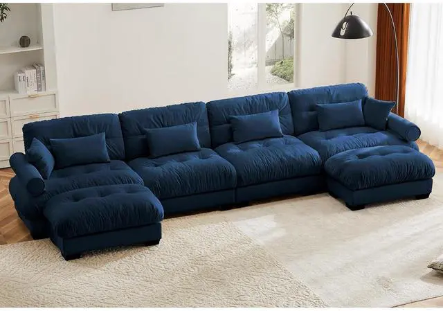 Main image of 166"W Modular Sectional Sofa with 2 Ottomans, Oversized 4-Seater Couch with Waist & Throw Pillows, Comfy Velvet Deep Seat Upholstered Sofa for Living Room,Apartment(Blue,4-Seater with 2 Ottomans)