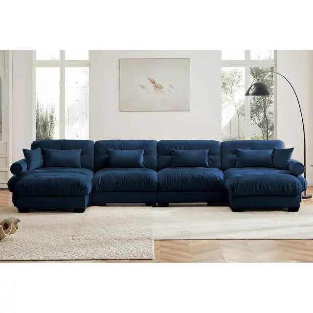 Alt view image 3 of 6 - 166"W Modular Sectional Sofa with 2 Ottomans, Oversized 4-Seater Couch with Waist & Throw Pillows, Comfy Velvet Deep Seat Upholstered Sofa for Living Room,Apartment(Blue,4-Seater with 2 Ottomans)