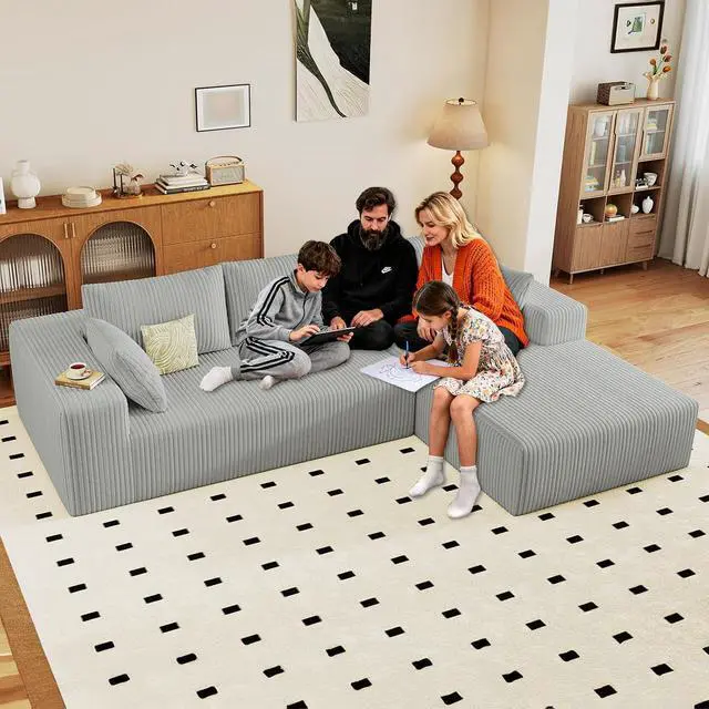 Main image of 96" Cloud Sectional Couch with L-Shape Chaise, Modern Corduroy Boneless Couch for Living Room,Memory Foam Sofa with Deep Seat,No Assembly Required (Grey,Right-Facing Chaise)