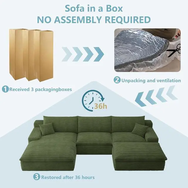 Alt view image 7 of 7 - 107" Cloud Sectional Couch with U-Shaped Chaise,Corduroy Viral Boneless Sofa with Ottoman,Memory Foam Couches in a Box with Deep Seat for Living Room,No Assembly Required (Green,Left-Facing Chaise)