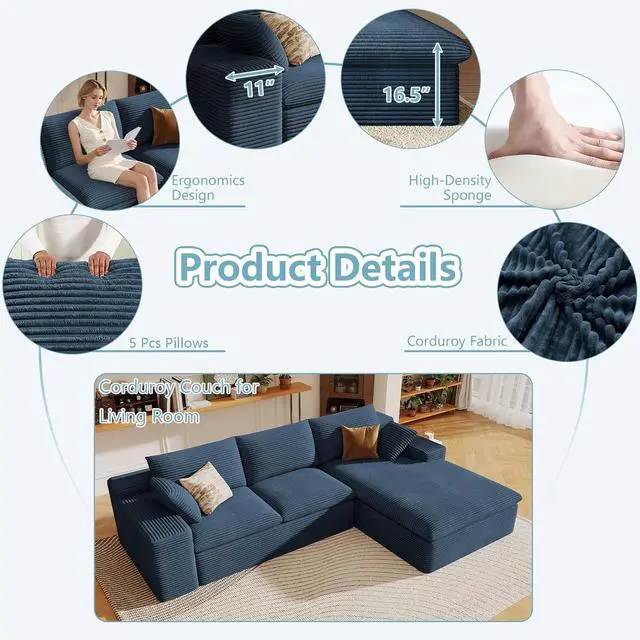 Alt view image 3 of 7 - 107" Cloud Sectional Couch with L-Shape Chaise, Modern Corduroy Viral Boneless Sofa for Living Room,Memory Foam Couches in a Box with Deep Seat,No Assembly Required (Blue,Right-Facing Chaise)