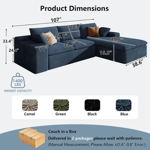 Alt view image 2 of 7 - 107" Cloud Sectional Couch with L-Shape Chaise, Modern Corduroy Viral Boneless Sofa for Living Room,Memory Foam Couches in a Box with Deep Seat,No Assembly Required (Blue,Right-Facing Chaise)