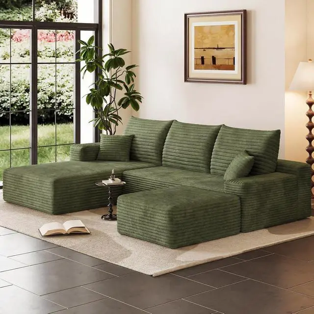 Alt view image 3 of 7 - 95" Cloud Sectional Couch with Ottoman,Modern U-Shaped Cloud Couch with Deep Seat,Comfy Corduroy 3-Seater Sofa,Memory Foam Sofa for Living Room,No Assembly (Green,Left-Facing Chaise)
