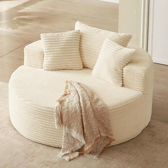 Alt view image 7 of 7 - 55'' Oversized Round Lounge Chair Indoor, Corduroy Upholstered Large Lounge Chaise, Cloud Soft Circle Sofa Bed for Reading,Living Room,Bedroom,No Assembly Required,Beige