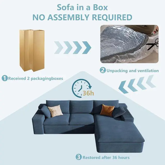 Alt view image 7 of 7 - 107" Cloud Sectional Couch with L-Shape Chaise, Modern Corduroy Viral Boneless Sofa for Living Room,Memory Foam Couches in a Box with Deep Seat,No Assembly Required (Blue,Right-Facing Chaise)