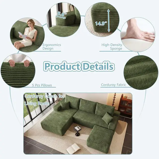 Alt view image 4 of 7 - 95" Cloud Sectional Couch with Ottoman,Modern U-Shaped Cloud Couch with Deep Seat,Comfy Corduroy 3-Seater Sofa,Memory Foam Sofa for Living Room,No Assembly (Green,Left-Facing Chaise)