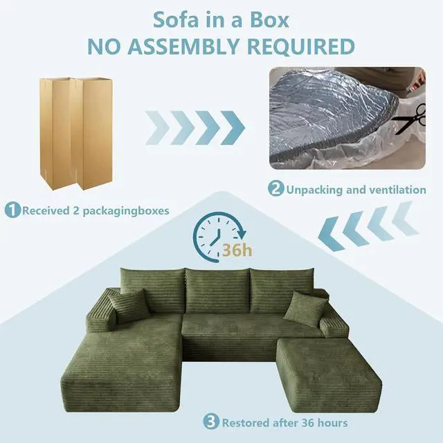 Alt view image 7 of 7 - 95" Cloud Sectional Couch with Ottoman,Modern U-Shaped Cloud Couch with Deep Seat,Comfy Corduroy 3-Seater Sofa,Memory Foam Sofa for Living Room,No Assembly (Green,Left-Facing Chaise)