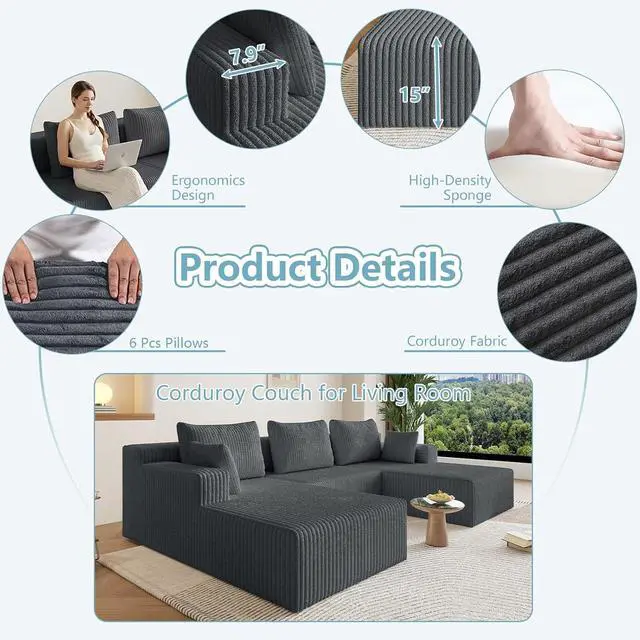 Alt view image 3 of 7 - 107" W Cloud Sectional Couch,Modern U-Shaped Cloud Couch with Deep Seat,Comfy Corduroy 3-Seater Sofa,Memory Foam Sofa for Living Room,No Assembly (Grey)