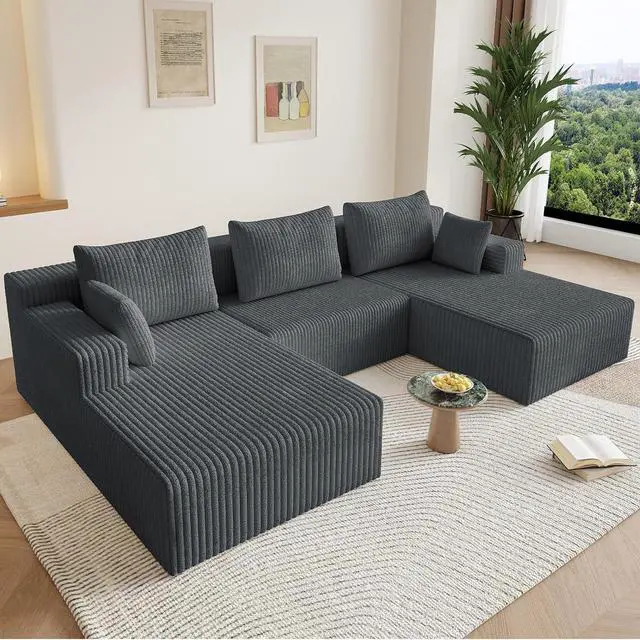 Main image of 107" W Cloud Sectional Couch,Modern U-Shaped Cloud Couch with Deep Seat,Comfy Corduroy 3-Seater Sofa,Memory Foam Sofa for Living Room,No Assembly (Grey)