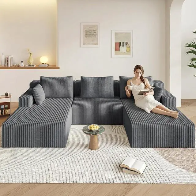 Alt view image 4 of 7 - 107" W Cloud Sectional Couch,Modern U-Shaped Cloud Couch with Deep Seat,Comfy Corduroy 3-Seater Sofa,Memory Foam Sofa for Living Room,No Assembly (Grey)
