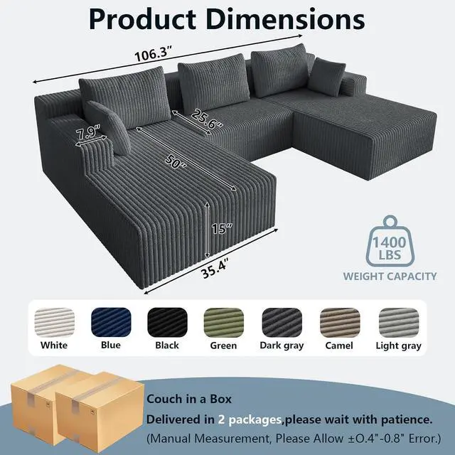 Alt view image 2 of 7 - 107" W Cloud Sectional Couch,Modern U-Shaped Cloud Couch with Deep Seat,Comfy Corduroy 3-Seater Sofa,Memory Foam Sofa for Living Room,No Assembly (Grey)
