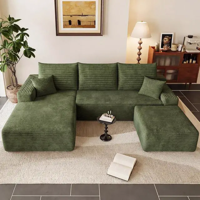 Alt view image 6 of 7 - 95" Cloud Sectional Couch with Ottoman,Modern U-Shaped Cloud Couch with Deep Seat,Comfy Corduroy 3-Seater Sofa,Memory Foam Sofa for Living Room,No Assembly (Green,Left-Facing Chaise)