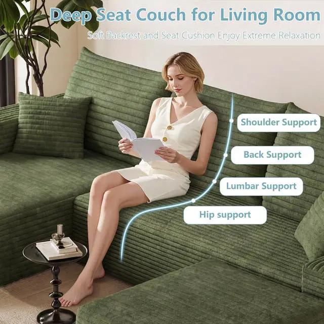 Alt view image 5 of 7 - 95" Cloud Sectional Couch with Ottoman,Modern U-Shaped Cloud Couch with Deep Seat,Comfy Corduroy 3-Seater Sofa,Memory Foam Sofa for Living Room,No Assembly (Green,Left-Facing Chaise)