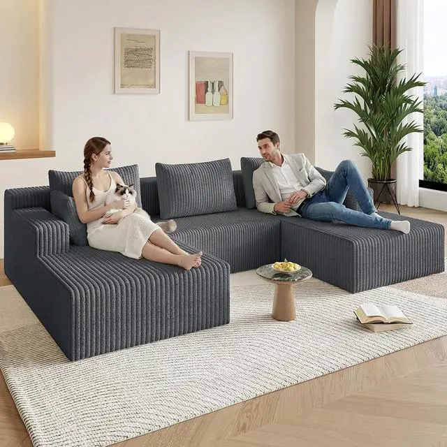Alt view image 5 of 7 - 107" W Cloud Sectional Couch,Modern U-Shaped Cloud Couch with Deep Seat,Comfy Corduroy 3-Seater Sofa,Memory Foam Sofa for Living Room,No Assembly (Grey)