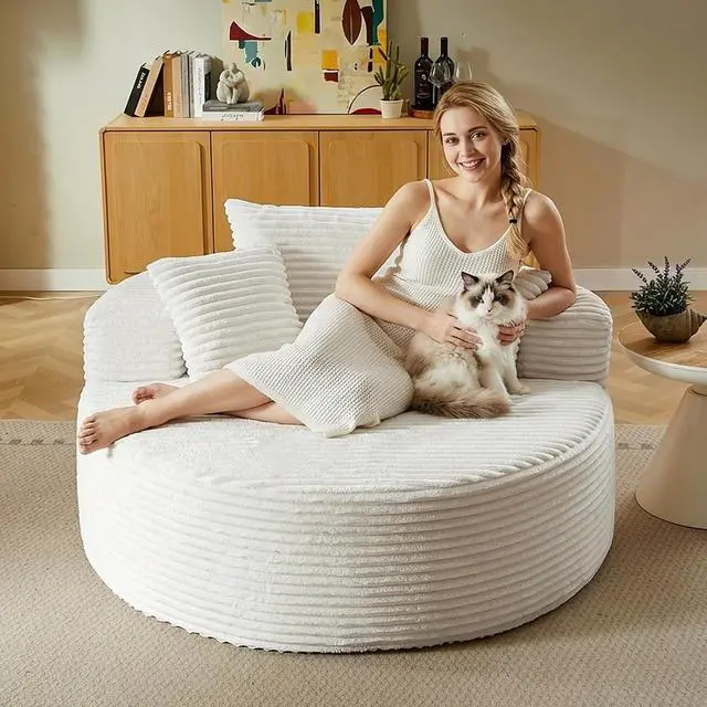 Main image of 55'' Oversized Round Chair Lounge Chaise Indoor, Cloud Corduroy Upholstered Floor Sofa, Boneless Circle Chair for Reading, Living Room, Bedroom, Apartment, No Assembly Required, White