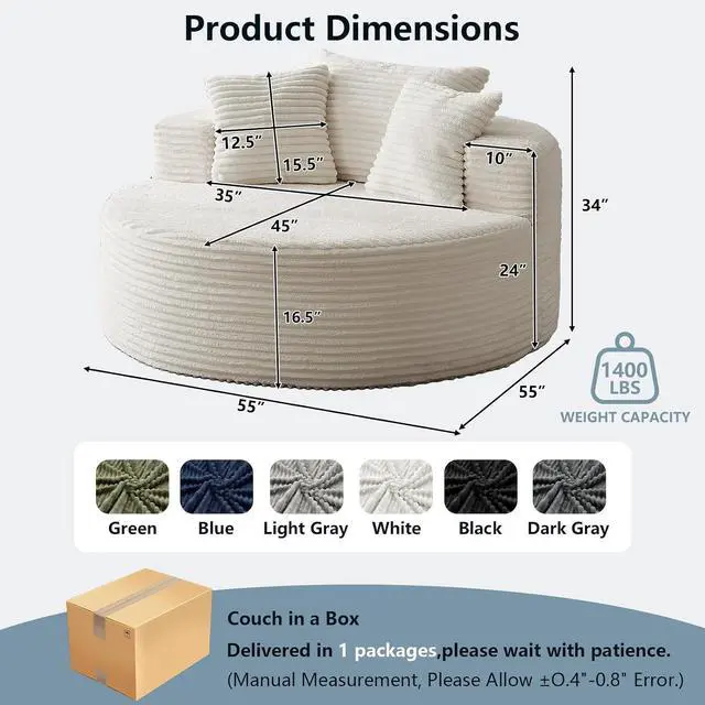 Alt view image 2 of 7 - 55'' Oversized Round Chair Lounge Chaise Indoor, Cloud Corduroy Upholstered Floor Sofa, Boneless Circle Chair for Reading, Living Room, Bedroom, Apartment, No Assembly Required, White