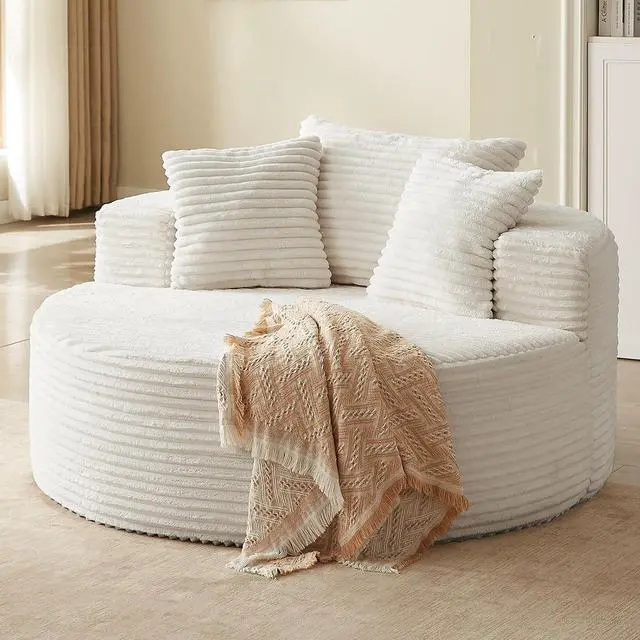 Alt view image 3 of 7 - 55'' Oversized Round Chair Lounge Chaise Indoor, Cloud Corduroy Upholstered Floor Sofa, Boneless Circle Chair for Reading, Living Room, Bedroom, Apartment, No Assembly Required, White