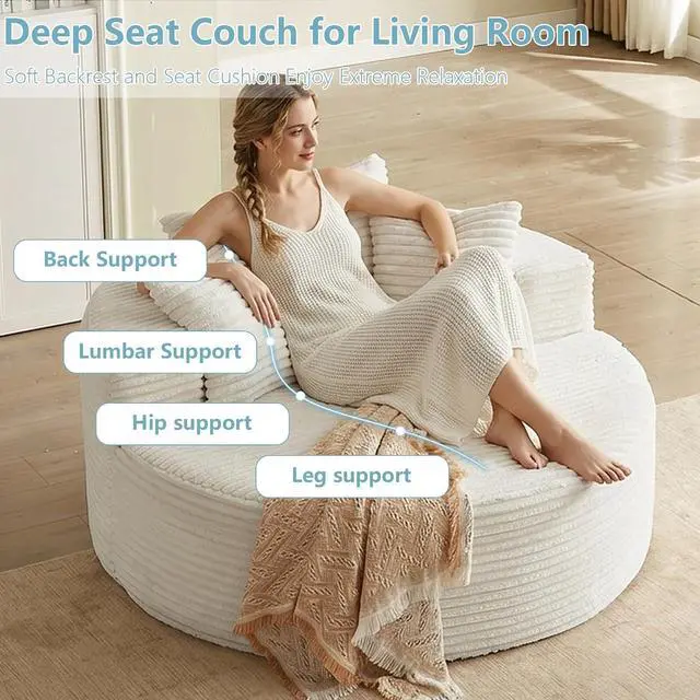 Alt view image 4 of 7 - 55'' Oversized Round Chair Lounge Chaise Indoor, Cloud Corduroy Upholstered Floor Sofa, Boneless Circle Chair for Reading, Living Room, Bedroom, Apartment, No Assembly Required, White