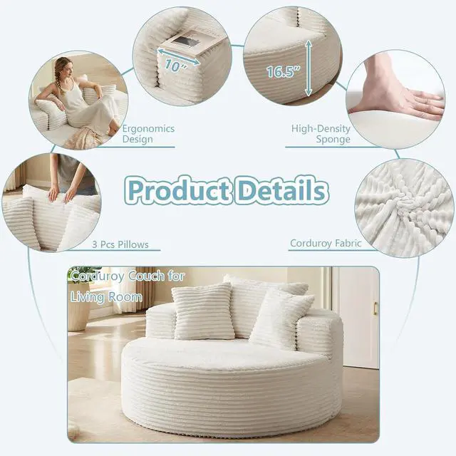 Alt view image 7 of 7 - 55'' Oversized Round Chair Lounge Chaise Indoor, Cloud Corduroy Upholstered Floor Sofa, Boneless Circle Chair for Reading, Living Room, Bedroom, Apartment, No Assembly Required, White