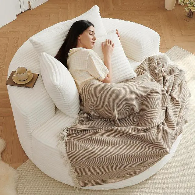 Alt view image 5 of 7 - 55'' Oversized Round Chair Lounge Chaise Indoor, Cloud Corduroy Upholstered Floor Sofa, Boneless Circle Chair for Reading, Living Room, Bedroom, Apartment, No Assembly Required, White