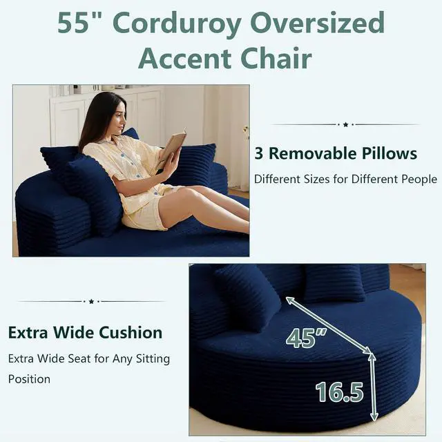 Alt view image 3 of 7 - 55'' Oversized Round Lounge Chair Indoor, Corduroy Upholstered Large Lounge Chaise, Cloud Soft Circle Sofa Bed for Reading,Living Room,Bedroom,No Assembly Required,Blue