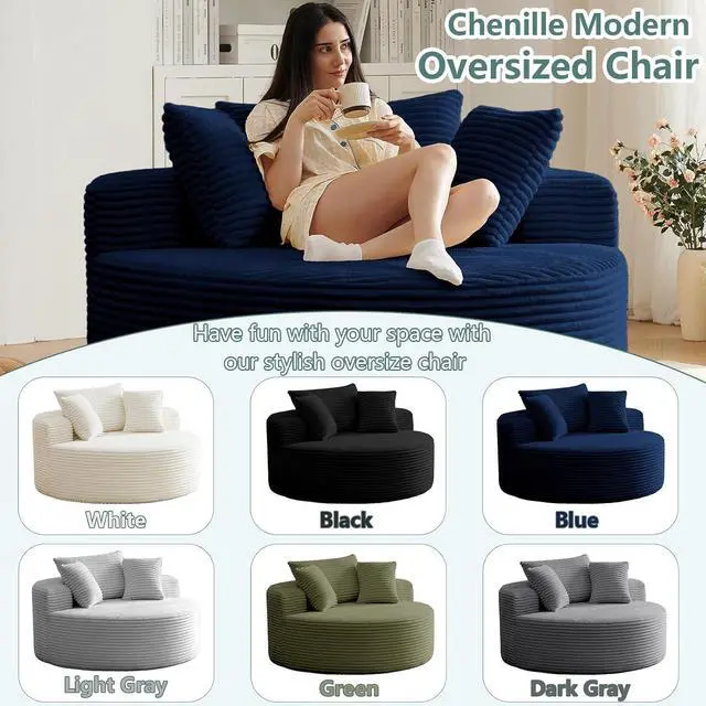 Alt view image 5 of 7 - 55'' Oversized Round Lounge Chair Indoor, Corduroy Upholstered Large Lounge Chaise, Cloud Soft Circle Sofa Bed for Reading,Living Room,Bedroom,No Assembly Required,Blue