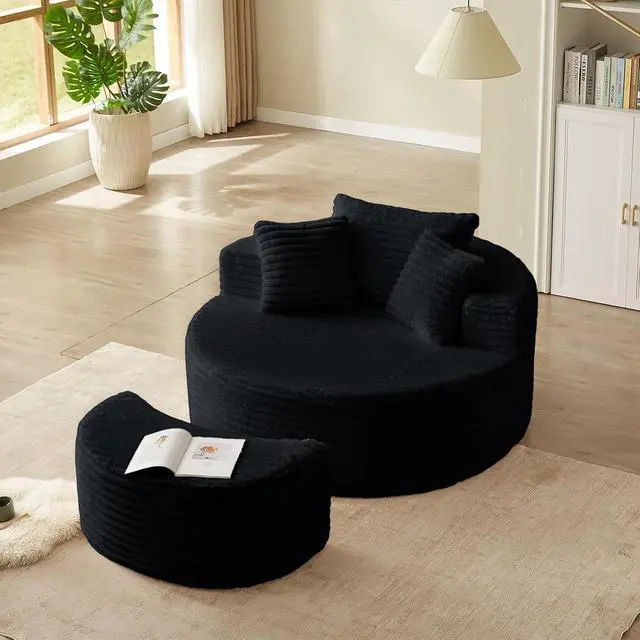 Alt view image 3 of 7 - 55'' Oversized Round Chair Lounge Chaise Indoor with Ottoman, Cloud Corduroy Upholstered Floor Sofa, Boneless Circle Chair for Reading, Living Room, Bedroom, Apartment, Jet Black