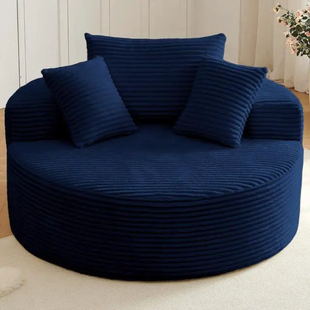 Alt view image 7 of 7 - 55'' Oversized Round Lounge Chair Indoor, Corduroy Upholstered Large Lounge Chaise, Cloud Soft Circle Sofa Bed for Reading,Living Room,Bedroom,No Assembly Required,Blue