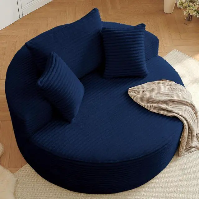 Alt view image 6 of 7 - 55'' Oversized Round Lounge Chair Indoor, Corduroy Upholstered Large Lounge Chaise, Cloud Soft Circle Sofa Bed for Reading,Living Room,Bedroom,No Assembly Required,Blue