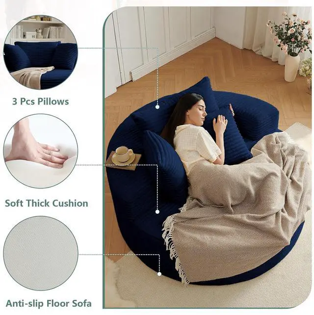 Alt view image 4 of 7 - 55'' Oversized Round Lounge Chair Indoor, Corduroy Upholstered Large Lounge Chaise, Cloud Soft Circle Sofa Bed for Reading,Living Room,Bedroom,No Assembly Required,Blue