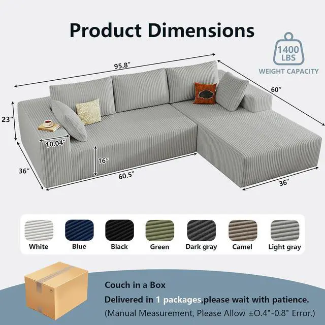 Alt view image 2 of 6 - 96" Cloud Sectional Couch with L-Shape Chaise, Modern Corduroy Boneless Couch for Living Room,Memory Foam Sofa with Deep Seat,No Assembly Required (Grey,Right-Facing Chaise)