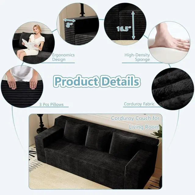 Alt view image 5 of 7 - 71"Cloud Loveseat Sofa,Modern 2-Seater Boneless Couch with 3 Pillows & Side Pocket,Soft Corduroy Love seat,Compressed Foam,Deep Seat,No Assembly for Living Room,Bedroom,Apartment(Flat Handrail,Black)