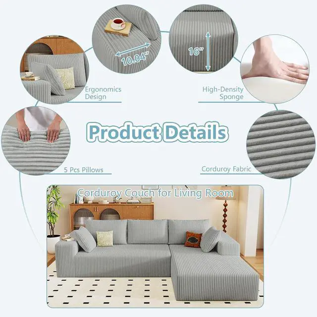 Alt view image 3 of 6 - 96" Cloud Sectional Couch with L-Shape Chaise, Modern Corduroy Boneless Couch for Living Room,Memory Foam Sofa with Deep Seat,No Assembly Required (Grey,Right-Facing Chaise)