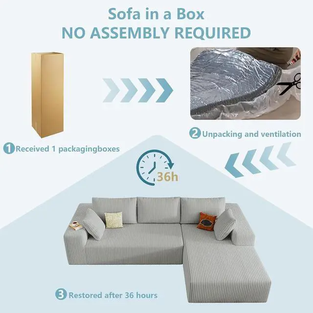 Alt view image 6 of 6 - 96" Cloud Sectional Couch with L-Shape Chaise, Modern Corduroy Boneless Couch for Living Room,Memory Foam Sofa with Deep Seat,No Assembly Required (Grey,Right-Facing Chaise)