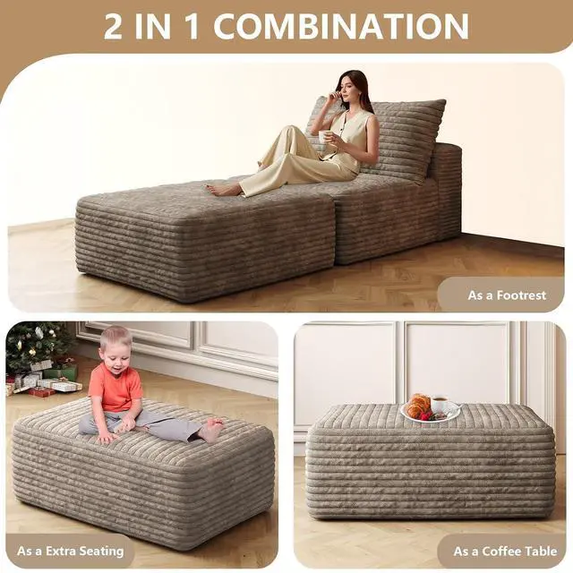 Alt view image 6 of 6 - 37.4" Ottoman Seat, Corduroy Upholstered Deep Seat, Comfy Cloud Couch with Movable Ottoman, DIY Combination, Plush Corduroy, Camel