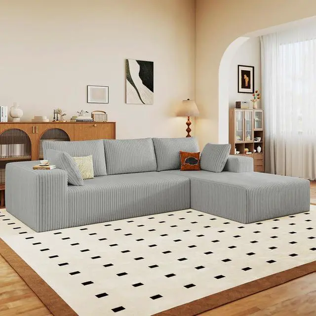 Alt view image 4 of 6 - 96" Cloud Sectional Couch with L-Shape Chaise, Modern Corduroy Boneless Couch for Living Room,Memory Foam Sofa with Deep Seat,No Assembly Required (Grey,Right-Facing Chaise)