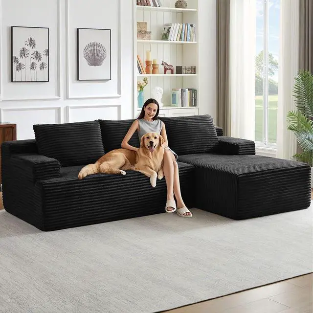 Main image of 96" Cloud Sectional Couch with L-Shape Chaise, Modern Corduroy Boneless Couch for Living Room,Memory Foam Sofa with Deep Seat,No Assembly Required (Black,Right-Facing Chaise)