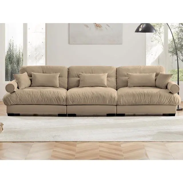 Alt view image 3 of 6 - 130" W Modular Sectional Sofa, Oversized 3-Seater Couch with Waist & Throw Pillows, Comfy Velvet Deep Seat Upholstered Sofa for Living Room, Apartment & Bedroom (Camel, 3-Seater)