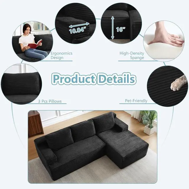 Alt view image 5 of 7 - 96" Cloud Sectional Couch with L-Shape Chaise, Modern Corduroy Boneless Couch for Living Room,Memory Foam Sofa with Deep Seat,No Assembly Required (Black,Right-Facing Chaise)