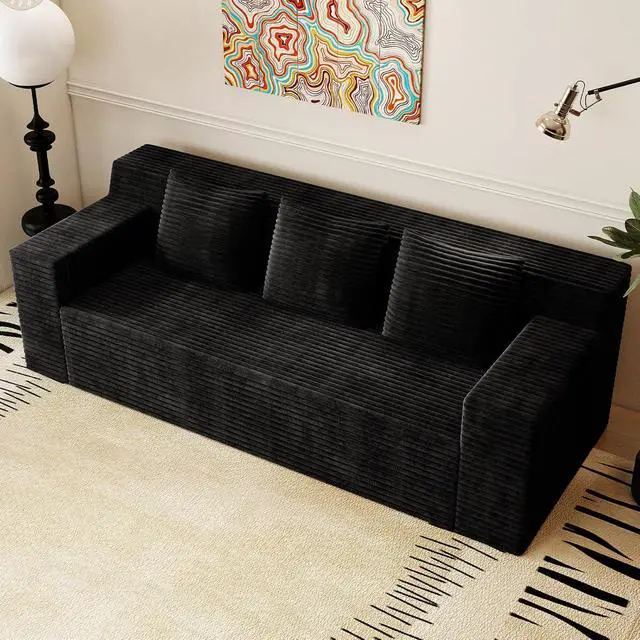 Alt view image 3 of 7 - 71"Cloud Loveseat Sofa,Modern 2-Seater Boneless Couch with 3 Pillows & Side Pocket,Soft Corduroy Love seat,Compressed Foam,Deep Seat,No Assembly for Living Room,Bedroom,Apartment(Flat Handrail,Black)