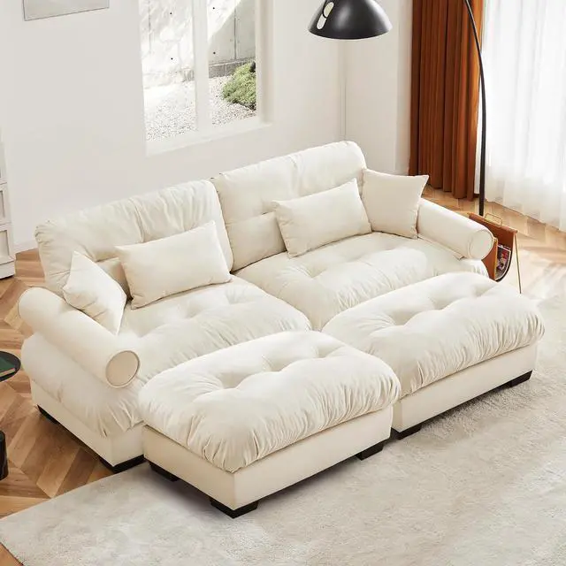 Main image of 93.7" Oversized Loveseat Sofa with 2 Ottomans, Modern Velvet 2-Seat Couch with Waist & Throw Pillows, Upholstered Deep Seat Cloud Couch for Living Room, Bedroom (Cream,2 Seater with 2 Ottomans)