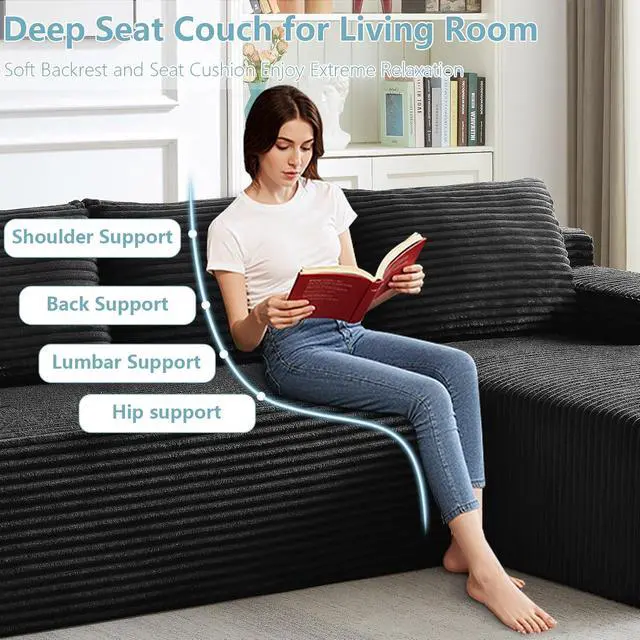 Alt view image 4 of 7 - 96" Cloud Sectional Couch with L-Shape Chaise, Modern Corduroy Boneless Couch for Living Room,Memory Foam Sofa with Deep Seat,No Assembly Required (Black,Right-Facing Chaise)