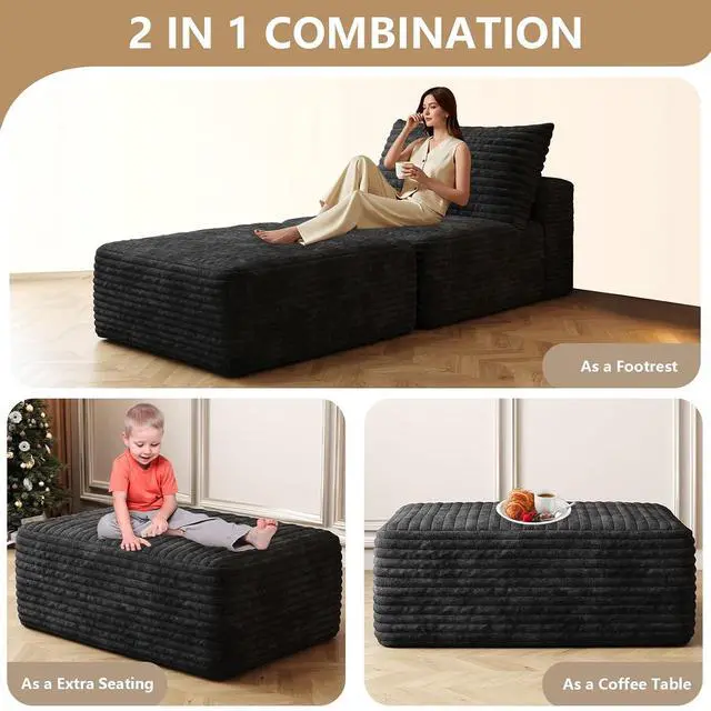 Alt view image 5 of 6 - 37.4" Ottoman Seat, Corduroy Upholstered Deep Seat, Comfy Cloud Couch with Movable Ottoman, DIY Combination, Plush Corduroy, Black