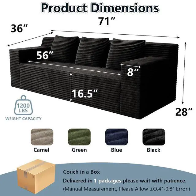 Alt view image 2 of 7 - 71"Cloud Loveseat Sofa,Modern 2-Seater Boneless Couch with 3 Pillows & Side Pocket,Soft Corduroy Love seat,Compressed Foam,Deep Seat,No Assembly for Living Room,Bedroom,Apartment(Flat Handrail,Black)