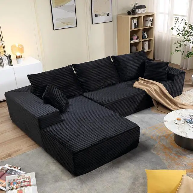 Alt view image 3 of 7 - 96" Cloud Sectional Couch with L-Shape Chaise, Modern Corduroy Boneless Couch for Living Room,Memory Foam Sofa with Deep Seat,No Assembly Required (Black,Right-Facing Chaise)