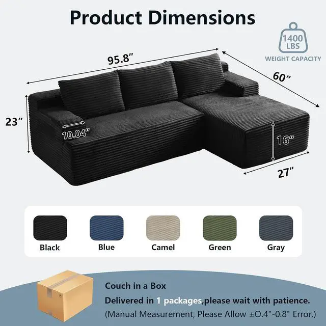 Alt view image 2 of 7 - 96" Cloud Sectional Couch with L-Shape Chaise, Modern Corduroy Boneless Couch for Living Room,Memory Foam Sofa with Deep Seat,No Assembly Required (Black,Right-Facing Chaise)