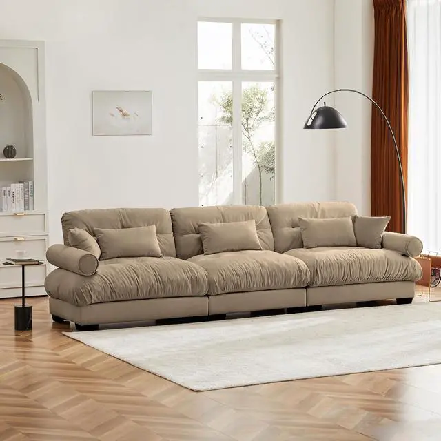 Alt view image 6 of 6 - 130" W Modular Sectional Sofa, Oversized 3-Seater Couch with Waist & Throw Pillows, Comfy Velvet Deep Seat Upholstered Sofa for Living Room, Apartment & Bedroom (Camel, 3-Seater)